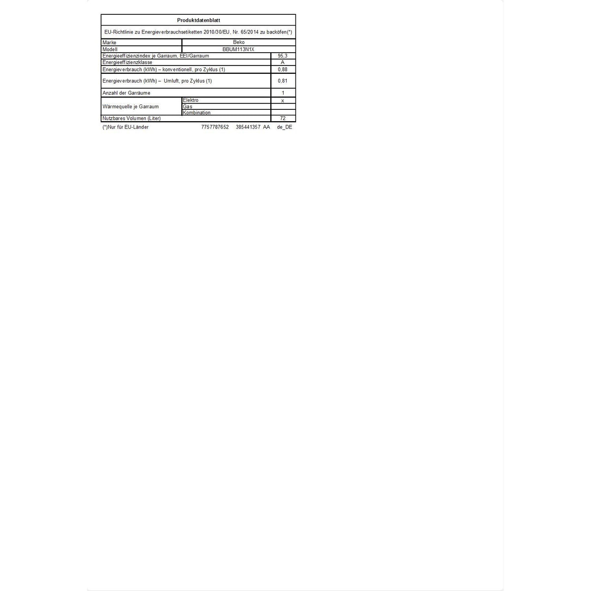 Beko BBUM113N1X Einbau-Backofen mit Hydrolyse, Kombigerät Datenblatt