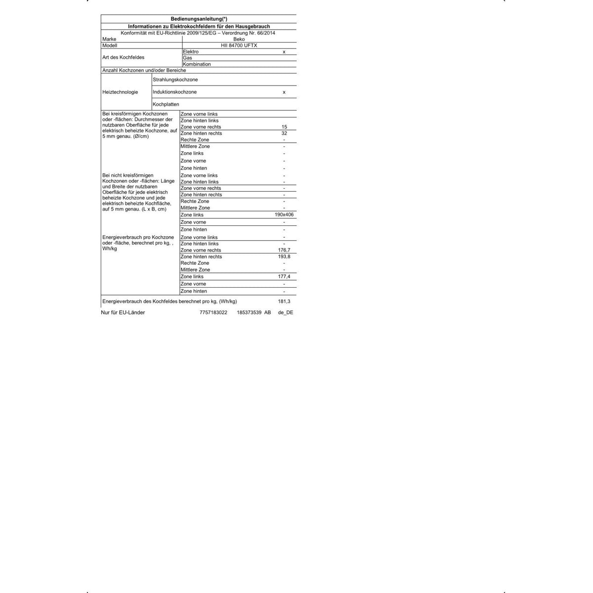 Beko Induktions-Kochfeld HII84700UFTX Datenblatt
