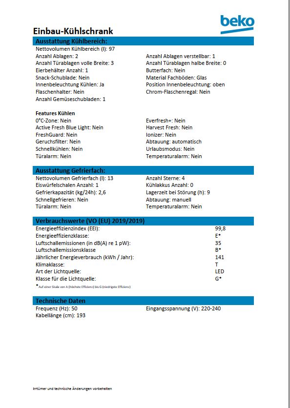 Datenblatt Beko B1754N 2