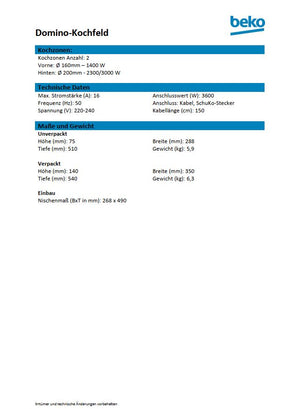 Beko Induktion-Kochfeld Domino HDMI32400DT Datenblatt Hersteller 1