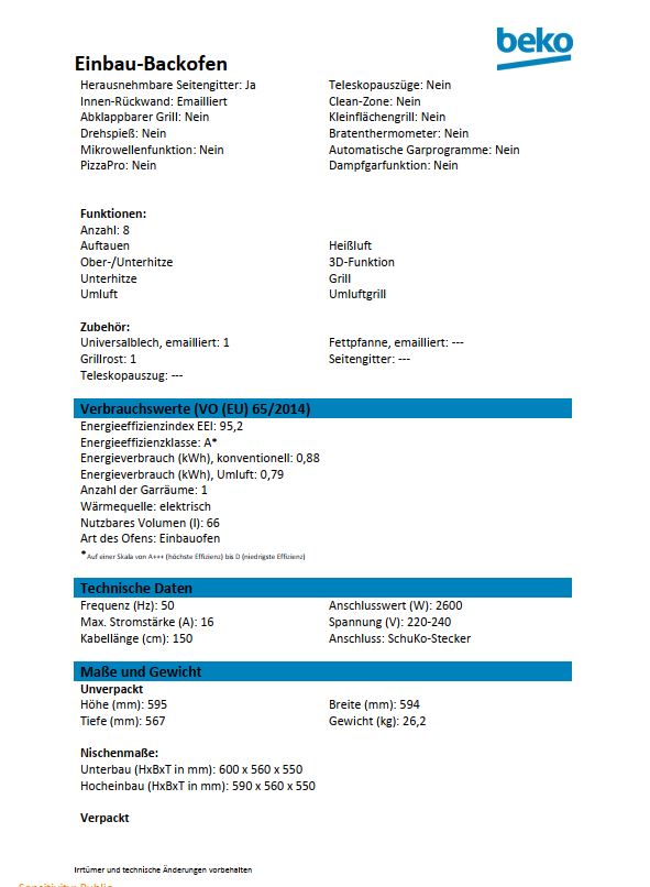 Beko Einbau-Backofen BBIM110N1X Datenblatt Hersteller