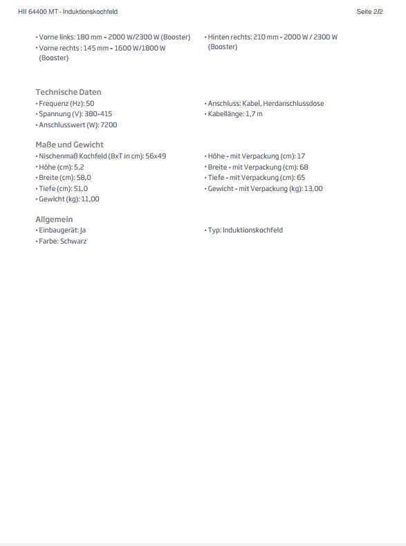 Beko Induktions-Kochfeld  HII64400MT Autark Datenblatt Hersteller 1