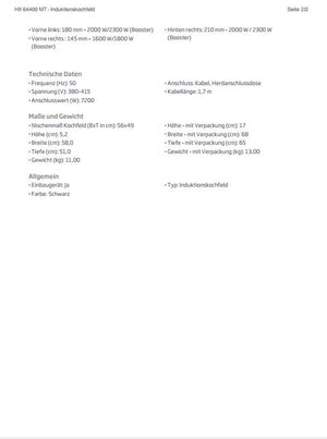 Beko Induktions-Kochfeld  HII64400MT Autark Datenblatt Hersteller 1