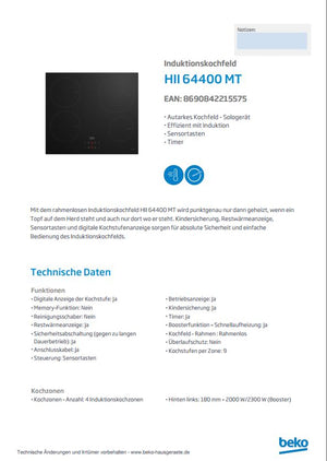 Beko Induktions-Kochfeld  HII64400MT Autark Datenblatt Hersteller