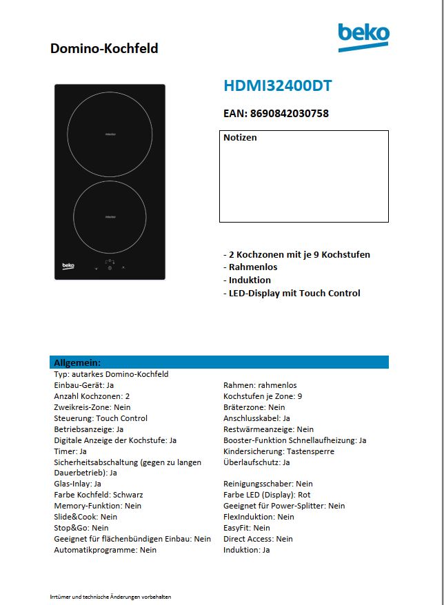 Beko Induktion-Kochfeld Domino HDMI32400DT Datenblatt Hersteller 