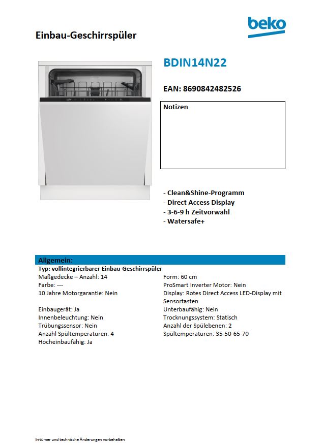Beko Spülmaschine  Geschirrspüler BDIN14N22 60 cm vollint.  Datenblatt Hersteller