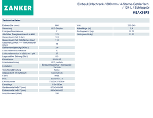 Datenblatt Kühlschrank Zanker