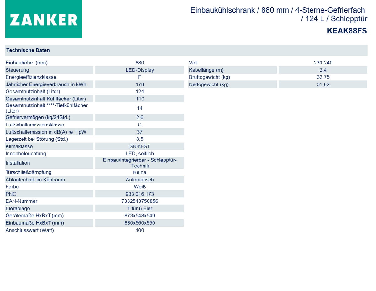 Datenblatt Kühlschrank Zanker
