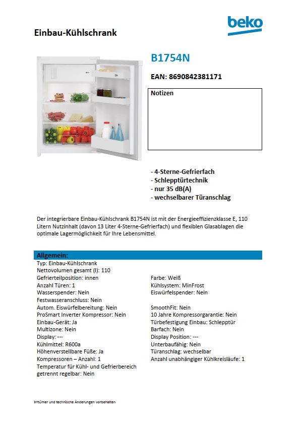 Datenblatt Beko B1754N