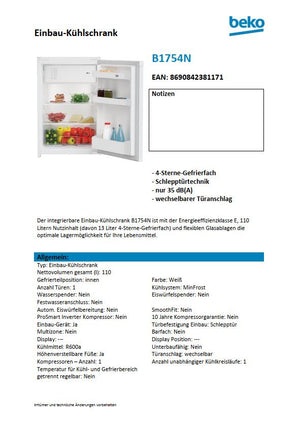 Datenblatt Beko B1754N