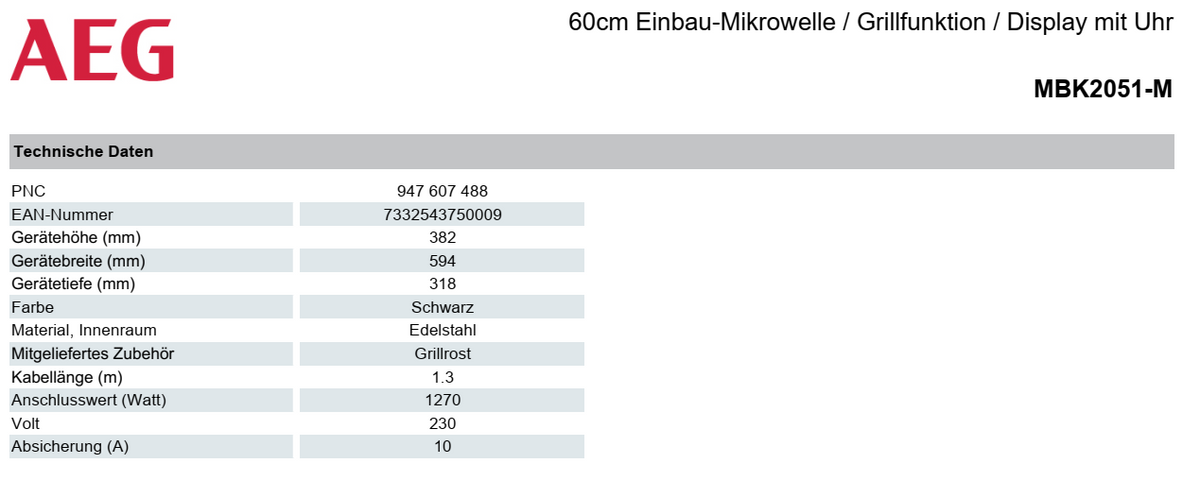 Datenblatt Mikrowelle