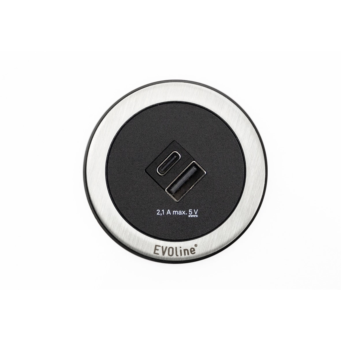 EVOline USB Charger ONECH F E 1xUSB A 1xUSB C 5V 2.1A 10.5W Schwarz Edelstahl Horizontal Vertikal