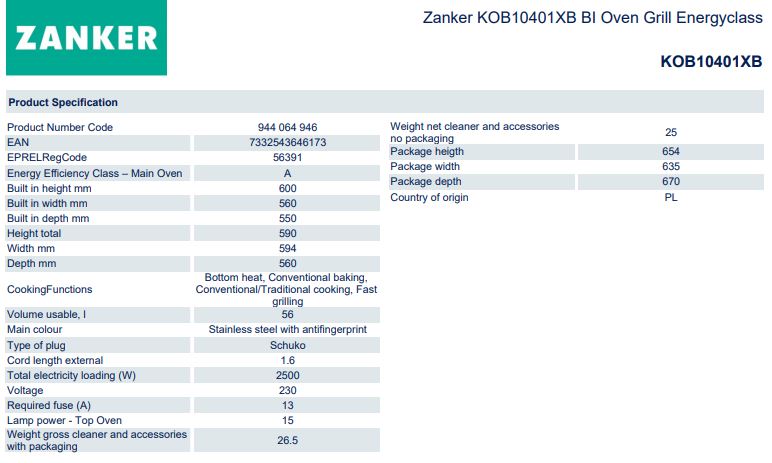 Geräteinformationen Backofen