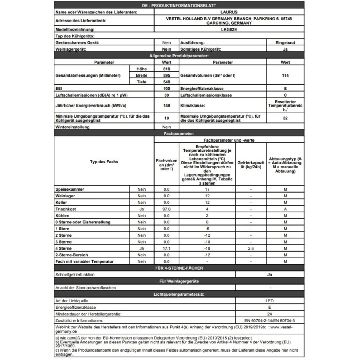 LAURUS LKG82E Unterbau-Kühlschrank - Kühl-Gefrierkombination 60 cm für 82 cm Nische Datenblatt