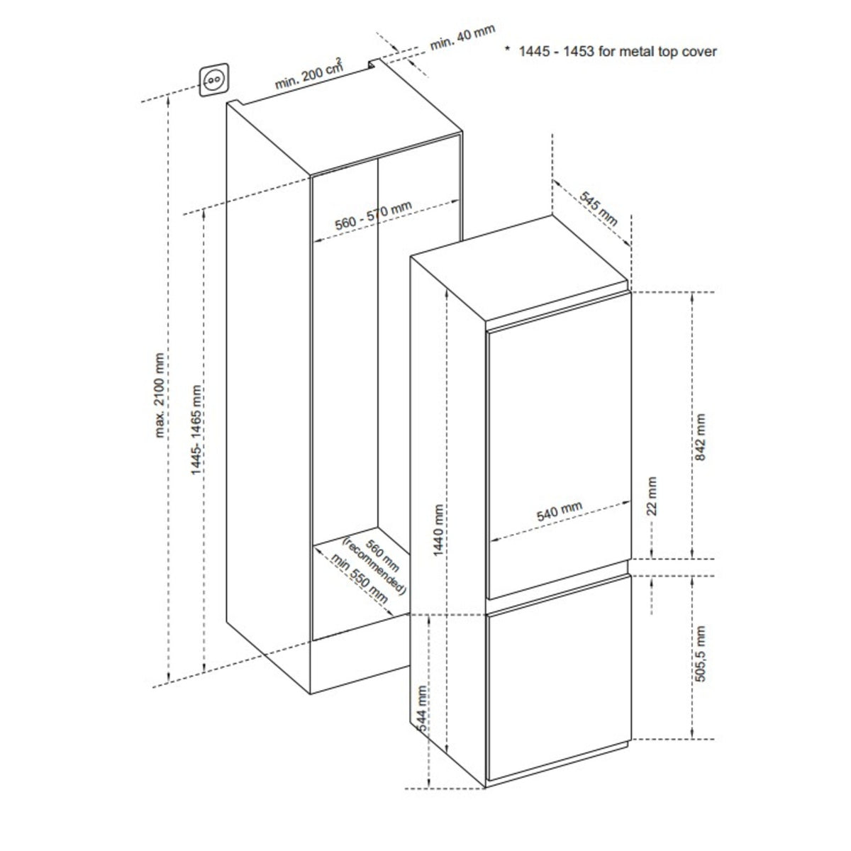 Laurus integrierte Kühl-Gefrierkombination LKG144E-BF Zeichnung