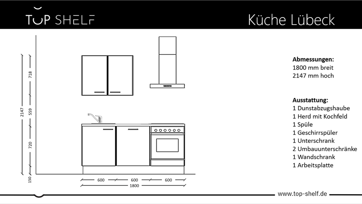 Vormontierte nobilia Miniküche &quot;Lübeck&quot; 180cm ohne E-Geräte &amp;  Zubehör Küchenzeile Küchenblock in Alpinweiß