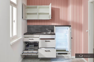 Pino Küche Beton Weißgrau 180cm offene Schränke top-shelf.de-