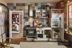 Pino Küche Beton Weißgrau 220 cm konfigurierbar mit E-Geräte Stauraum top-shelf.de-