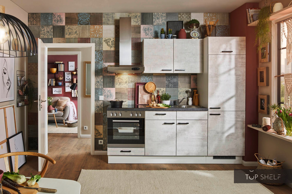 Pino Küche Beton Weißgrau 220 cm konfigurierbar mit E-Geräte top-shelf.de-