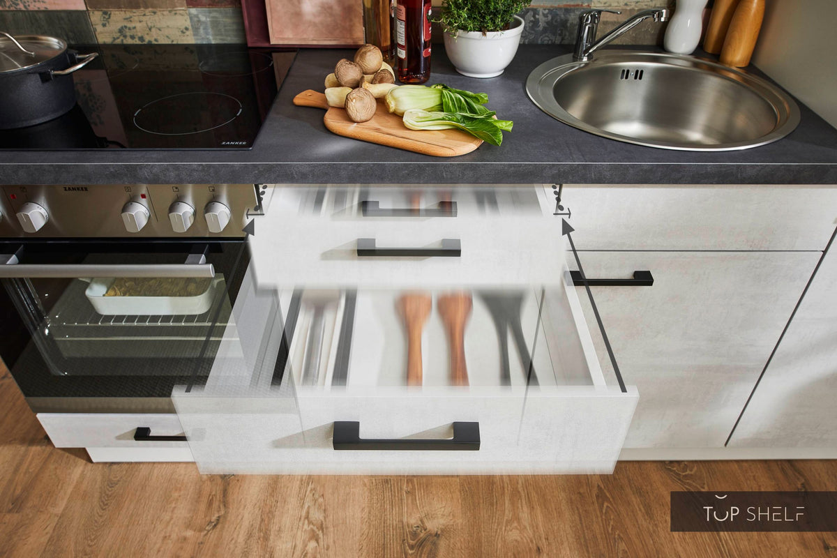 Pino Küche Beton Weißgrau 220cm Detail Schubkasten Soft Close top-shelf.de-
