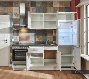 Pino Küche Beton Weißgrau 220cm konfigurierbar offene Schränke top-shelf.de-