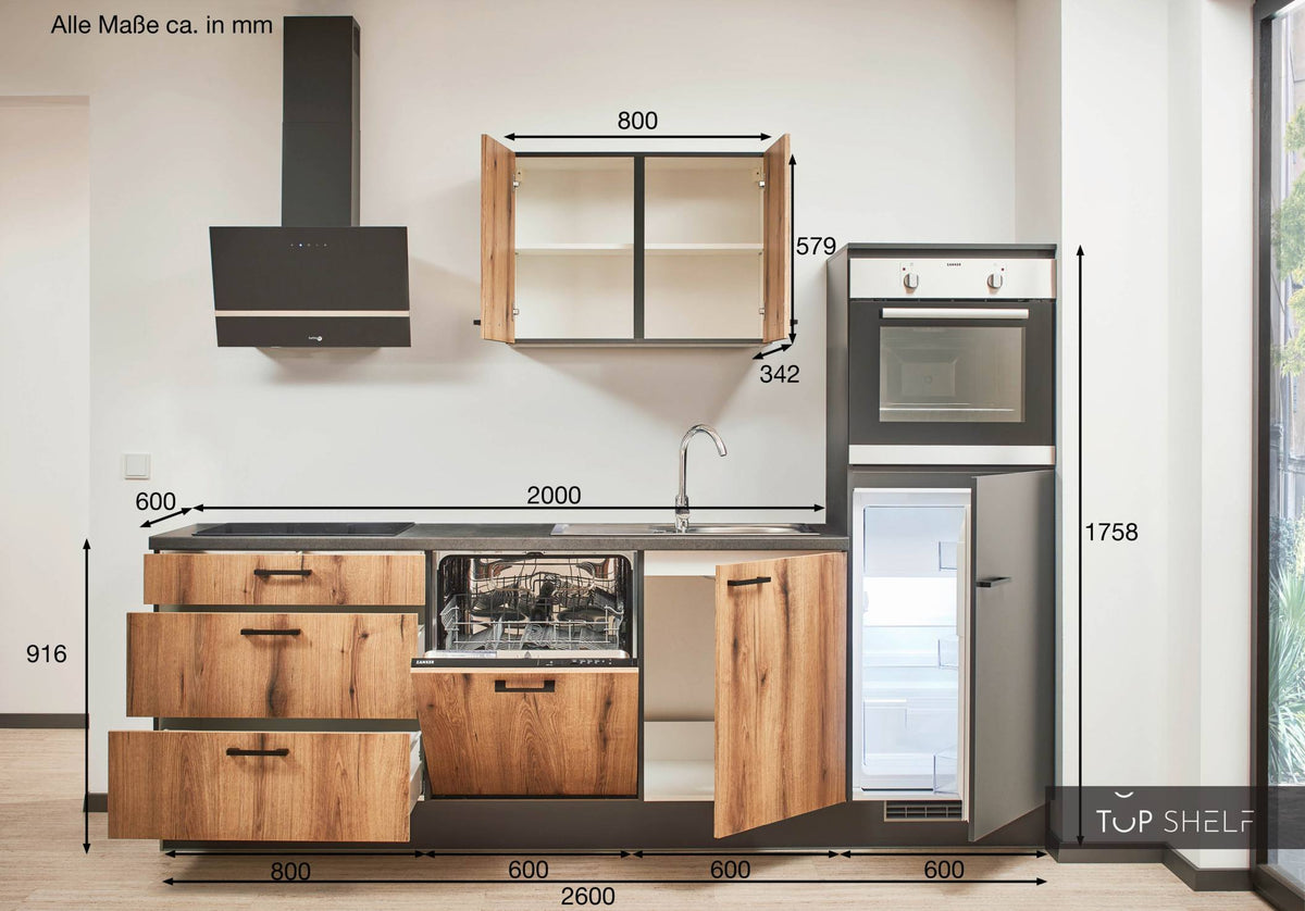 Pino Küche Evoke Eiche &amp; Grafit 260 cm Maßangaben top-shelf.de-