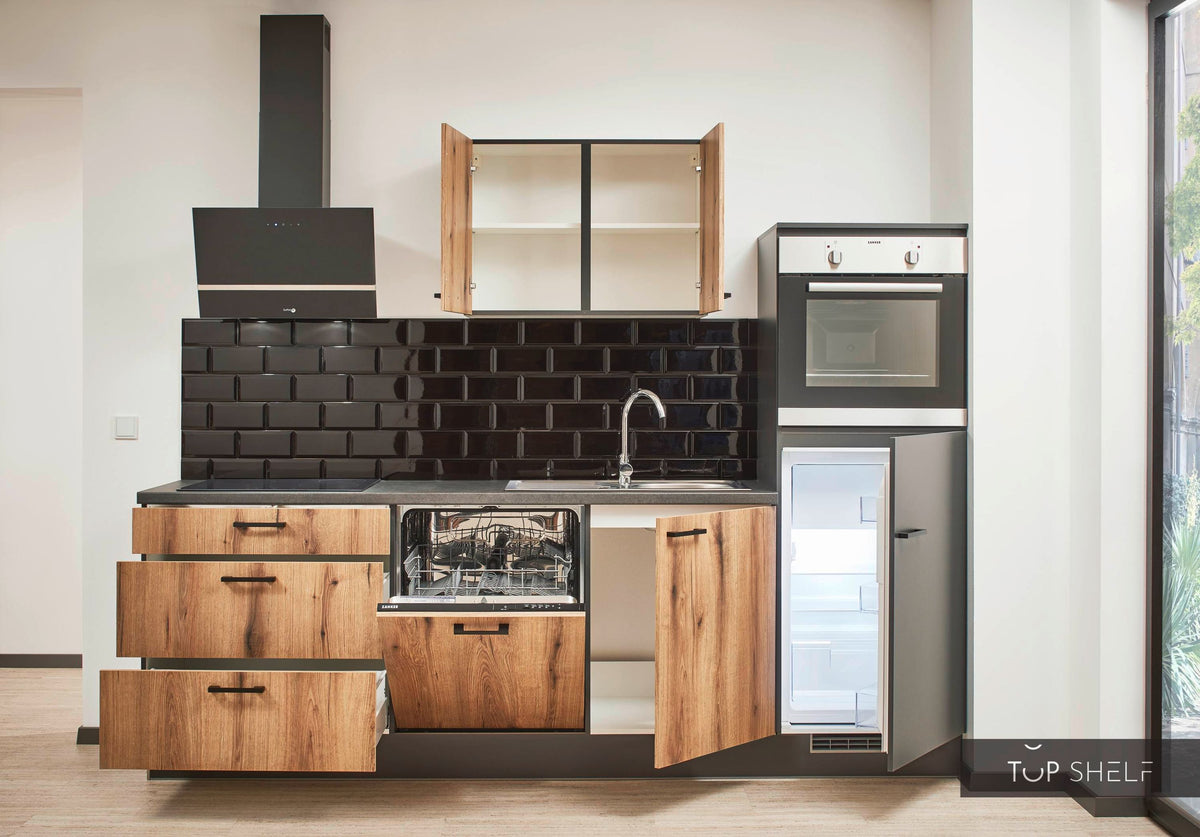 Pino Küche Evoke Eiche &amp; Grafit 260 cm offene Schränke top-shelf.de-