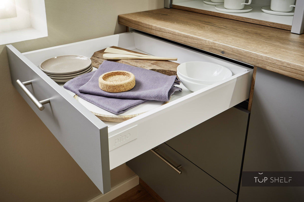 Pino Küche Küchenzeile Achatgrau 180cm konfigurierbar E-Geräte Detail Schubkasten-top-shelf.de