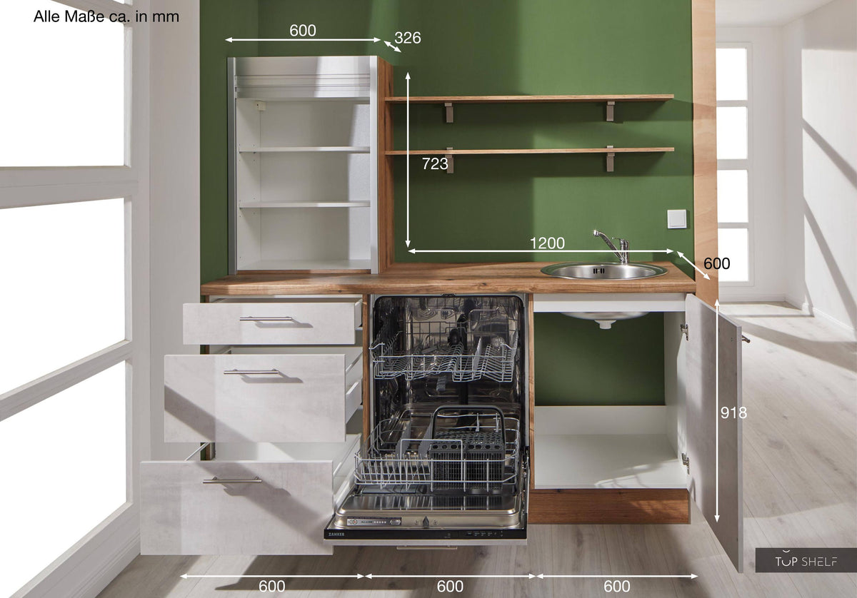 Pino Küche Küchenzeile Beton Weißgrau 180cm  Küchenschränke mit Maßangaben top-shelf.de