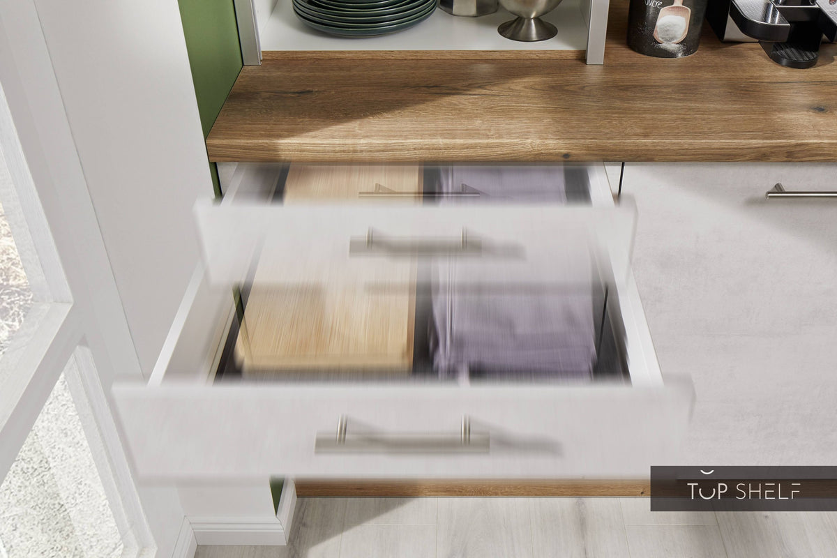 Pino Küche Küchenzeile Beton Weißgrau 180cm konfigurierbar E-Geräte Detail Schubkästen top-shelf.de