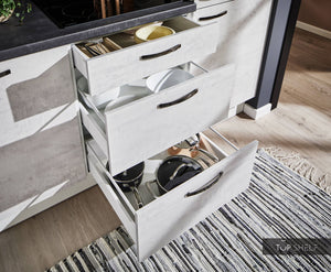 Pino Küche Küchenzeile Beton Weißgrau 240cm  E-Geräte Detail Schublade Auszüge top-shelf.de