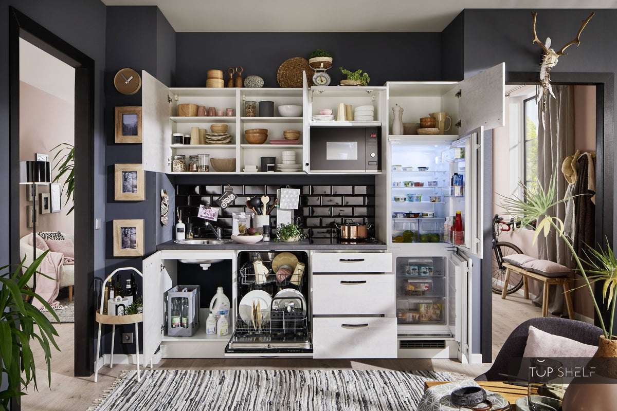 Pino Küche Küchenzeile Beton Weißgrau 240cm  Küchenschränke konfigurierbar E-Geräte top-shelf.de