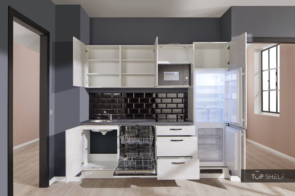 Pino Küche Küchenzeile Beton Weißgrau 240cm  Küchenschränke ohne Dekoration top-shelf.de