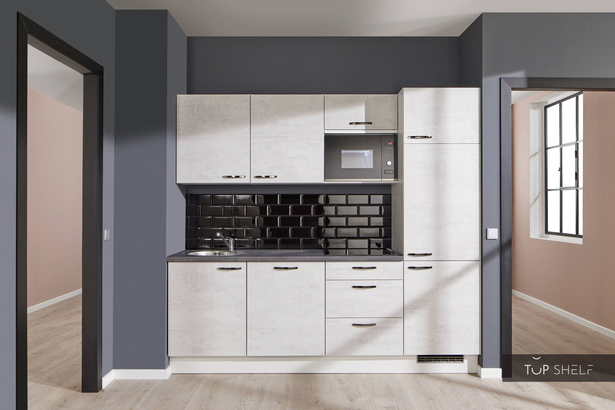 Pino Küche Küchenzeile Beton Weißgrau 240cm Schränke ohne Deko konfigurierbar E-Geräte top-shelf.de