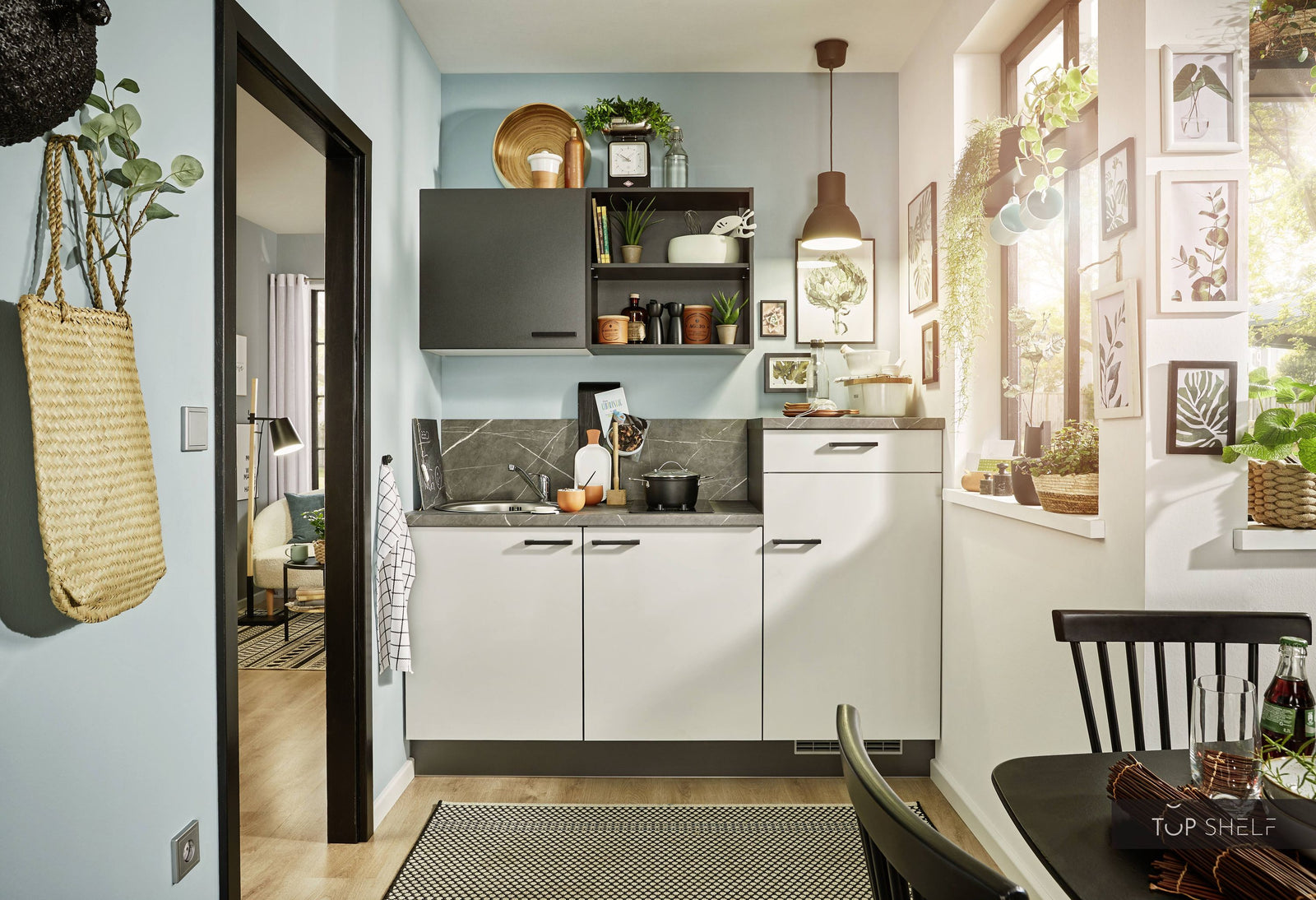 Pino keuken met highboard 180 cm lichtgrijs & grafiet direct beschikbaar ~