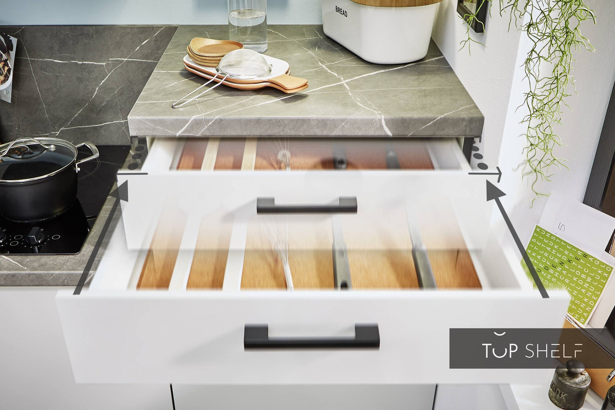 Pino Küche Küchenzeile Lichtgrau &amp; Grafit 180cm Detail Schubkasten mit Soft Close top-shelf.de