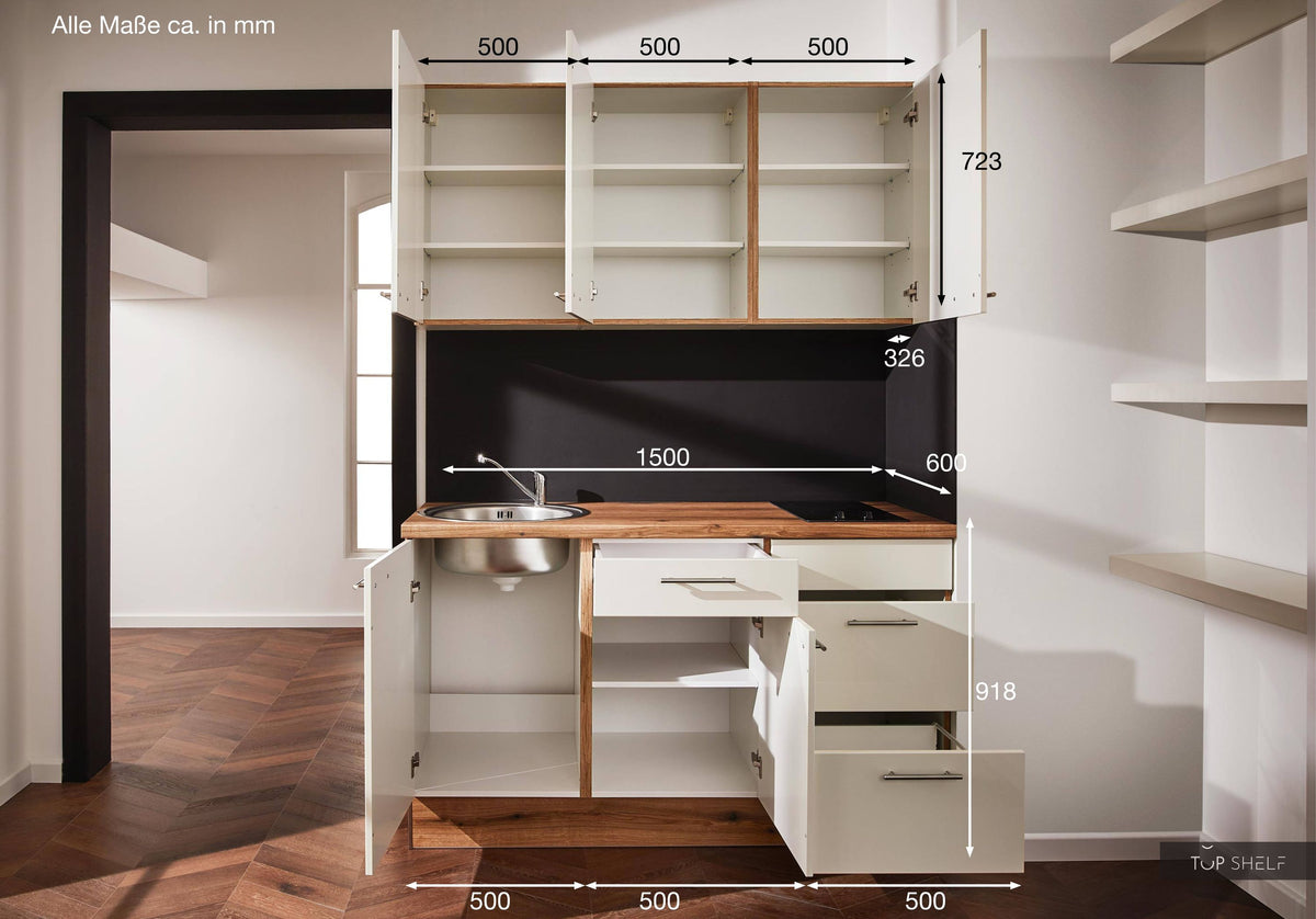 Pino Küche Küchenzeile Magnoliaweiß Hochglanz 150cm  Küchenschränke mit Maßangaben top-shelf.de