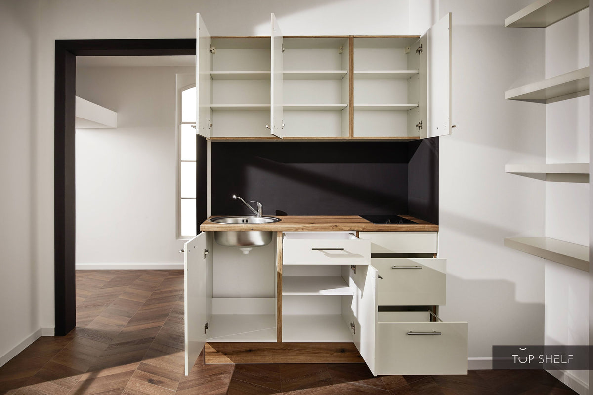 Pino Küche Küchenzeile Magnoliaweiß Hochglanz 150cm  Küchenschränke ohne Dekoration top-shelf.de