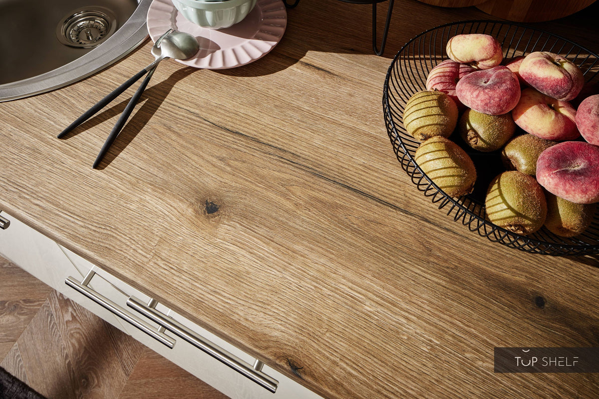 Pino Küche Küchenzeile Magnoliaweiß Hochglanz 150cm Detail Arbeitsplatte Evoke Eiche Nachbildung top-shelf.de