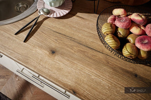 Pino Küche Küchenzeile Magnoliaweiß Hochglanz 150cm Detail Arbeitsplatte Evoke Eiche Nachbildung top-shelf.de