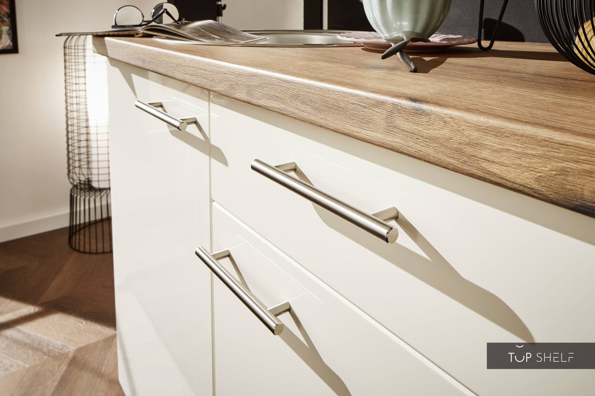 Pino Küche Küchenzeile Magnoliaweiß Hochglanz 150cm konfigurierbar Detail Schubkasten top-shelf.de