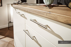 Pino Küche Küchenzeile Magnoliaweiß Hochglanz 150cm konfigurierbar Detail Schubkasten top-shelf.de