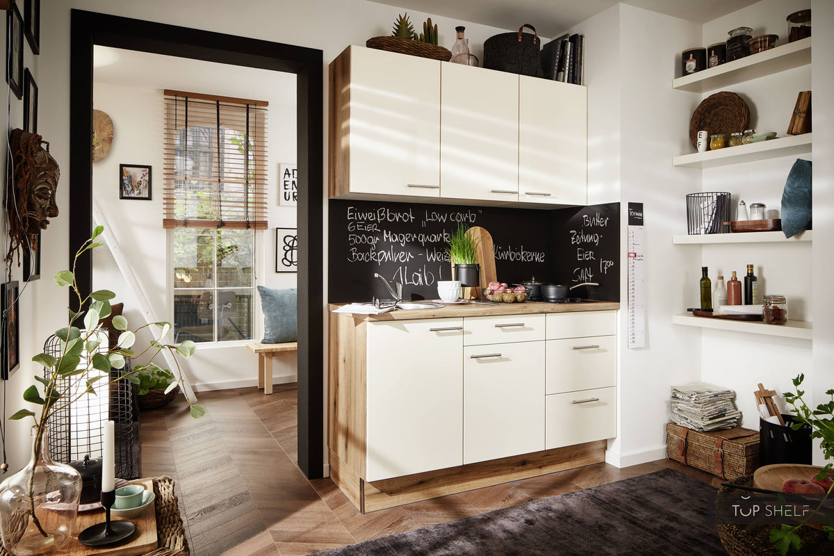 Pino Küche Küchenzeile Magnoliaweiß Hochglanz 150cm konfigurierbar seitliche Ansicht top-shelf.de