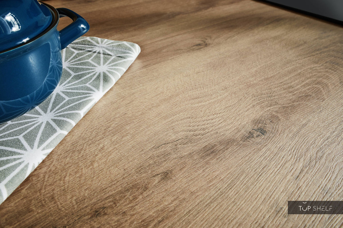 Pino Küche Küchenzeile Weiß 240cm konfigurierbar Detail Arbeitsplatte Honig Eiche top-shelf.de