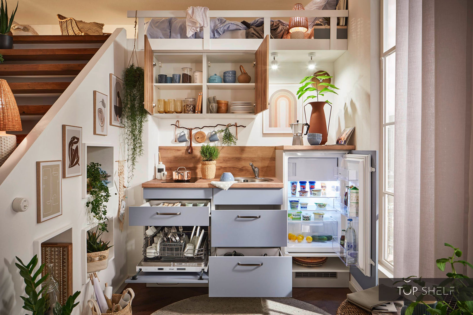 Pino Küche Pastellblau Honig Eiche 180 cm konfigurierbar E-Geräte-