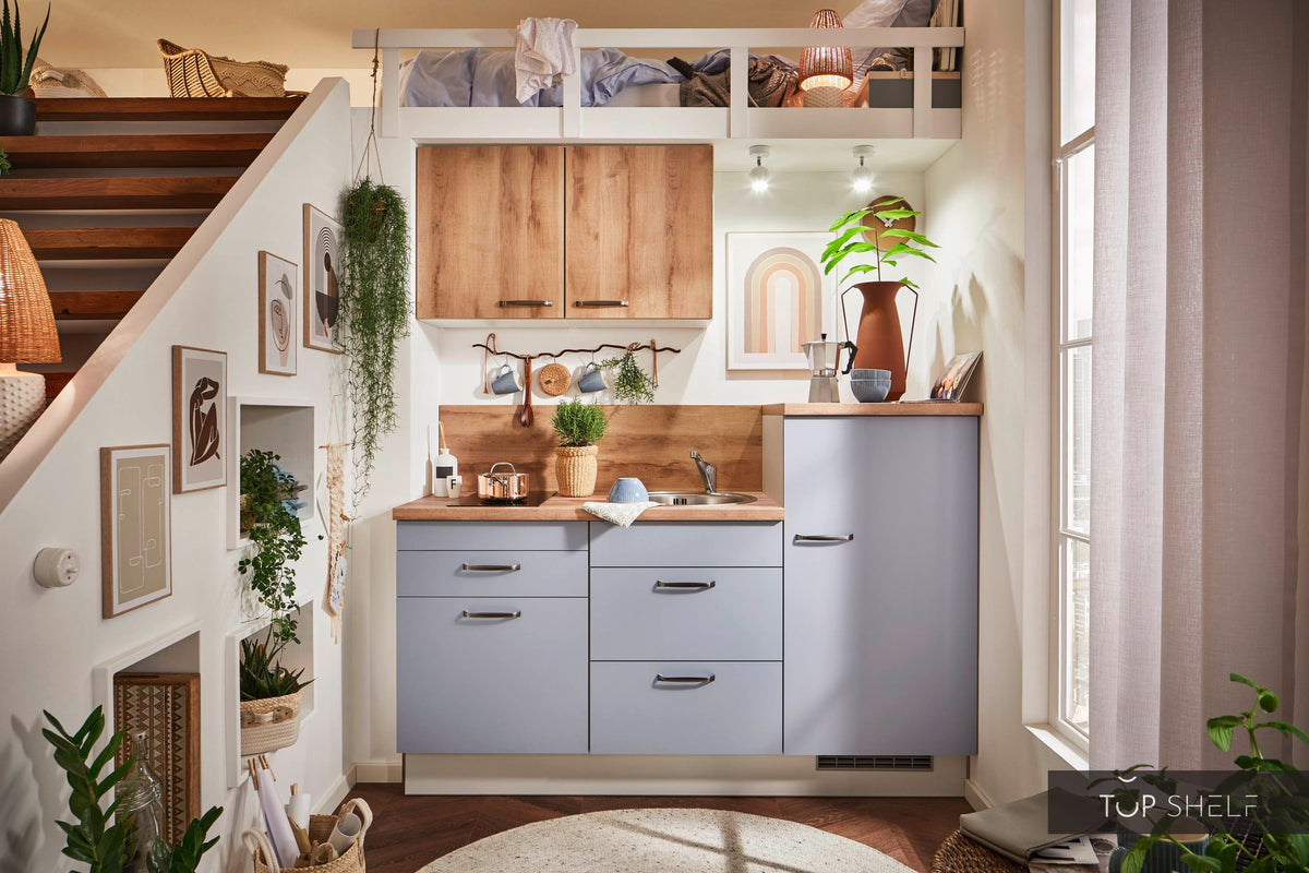 Pino Küche Pastellblau Honig Eiche 180 cm konfigurierbar E-Geräte-