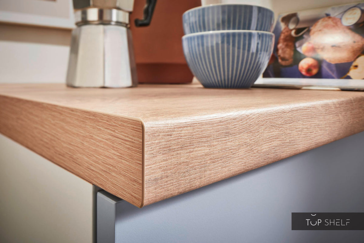 Pino Küche Pastellblau Honig Eiche 180cm Detail Arbeitsplatte top-shelf.de-