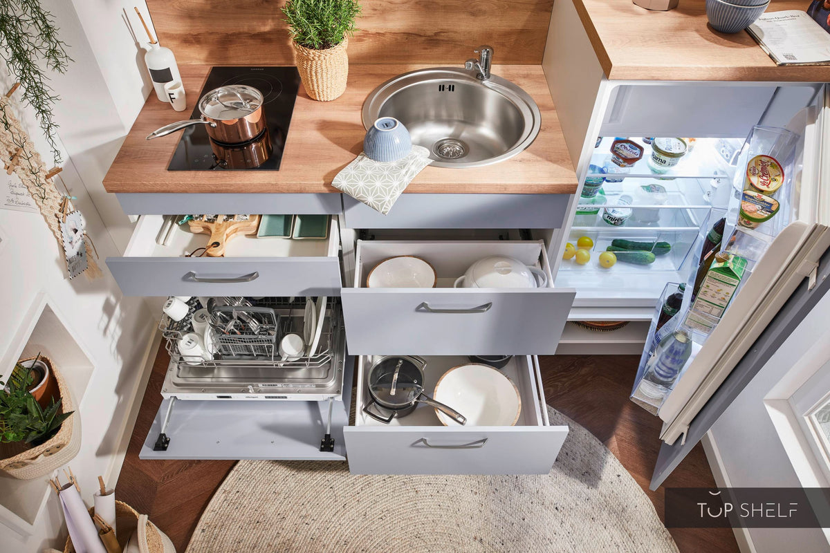 Pino Küche Pastellblau Honig Eiche 180cm Detail Stauraum top-shelf.de-