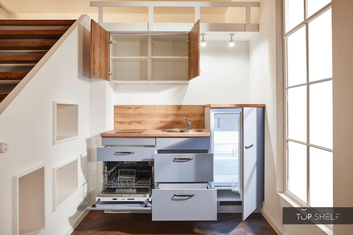 Pino Küche Pastellblau Honig Eiche 180cm offene Schränke top-shelf.de-