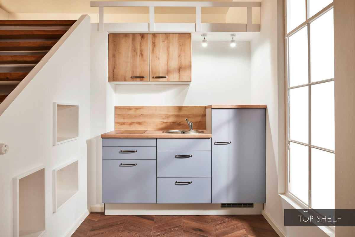 Pino Küche Pastellblau Honig Eiche 180cm ohne Deko top-shelf.de-